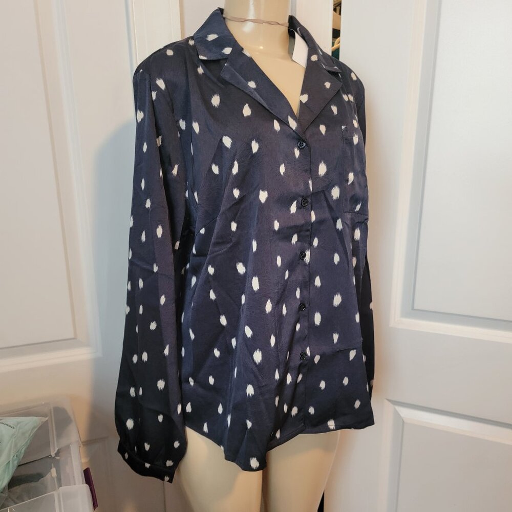 Allegra K Women's Satin Polka Dots Blouse Elegant Camp Collar Long Sleeve - Picture 6 of 15